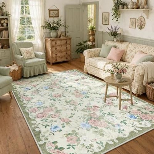 Lahome Green Floral Washable 5x7 Rug, Boho Area Rug for Bedroom,Vintage Living Room Rugs Non Slip Low Pile Ultra-Thin Large Carpet for Farmhouse,Dining Room,Kids Playroom Decor Nina(5'X7',Cream/Green)