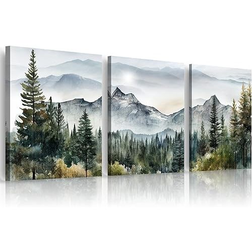 MHARTK66 Wall Art for Living Room Modern Wall Decor for Bedroom Office Decor Abstract Mountain Forest Landscapes Ink Painting 3 Piece Framed Canvas Art Prints Ready to Hang Wall Pictures Home Decor