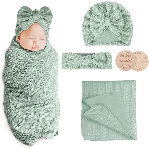 AQOKKA Newborn Receiving Blanket Wheat Ear Bow Hat Hairband Set