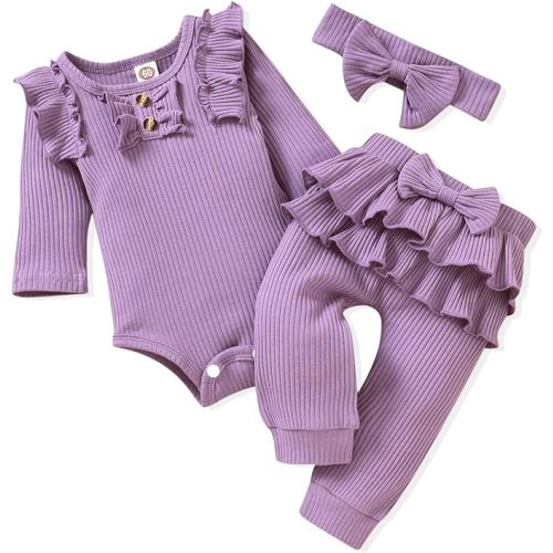 Aalizzwell Preemie Newborn Infant Baby Girls Clothes Ribbed Bodysuit Pants Set Fall Winter Outfits