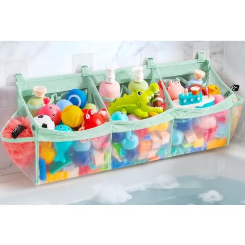 Criusia Extra Large Bath Toy Organizer with 3 Compartments and Multiple Pockets, Quick-Dry Mesh Bathtub Storage for Kids' Toys (Green)