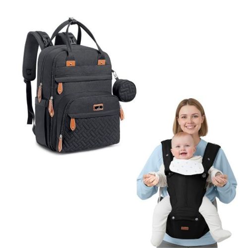 Black Original Diaper Bag and Black Carrier Bundle Pañaleras Para Bebe