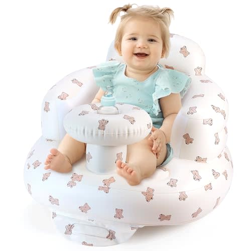Inflatable Baby Seat for Babies 3-36 Months, Aloxina Sit Me Up Floor Seat with Built-in Air Pump, Baby Chair for Sitting Up, Blow Up Infant Support Seat for Travel & Feeding (Cookie Bear)
