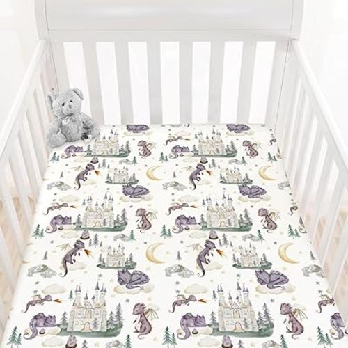HawSkgFub Cute Dragon Fairy Tale Fitted Standard Crib Sheet Baby Girl Shower Gift, Purple Castle Cloud Moon Star Pine Tree Toddler Mattress Cover, Soft Stretchy Nursery Bed Sheets Decor 52" x 28"