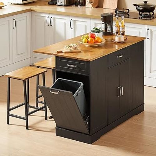 Stationary Kitchen Islands Include 2 Chairs, 47" Kitchen Island with Drop Leaf, Home Bar Table with Spice Rack & with Trash Cabinet, Island Table for Dining Room with Power Outlet, Black