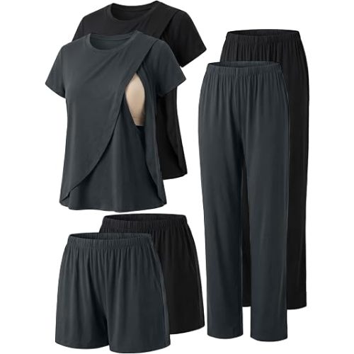 Winvote 6 PCS Maternity Pajamas Nursing 2 Set Postpartum Breastfeeding Short Sleeve Shirts, Pregnancy Shorts & Pants