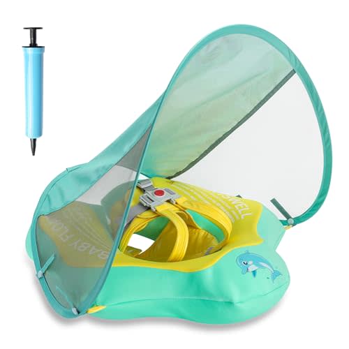 Baby Pool Float with Adjustable Canopy, Swim Floats for 6-36 Months | UPF50+ Sun Protection Inflatable Baby Float, Fabric‑Covered with Safety Seat, Toddler Pool Floaties for Pool Beach