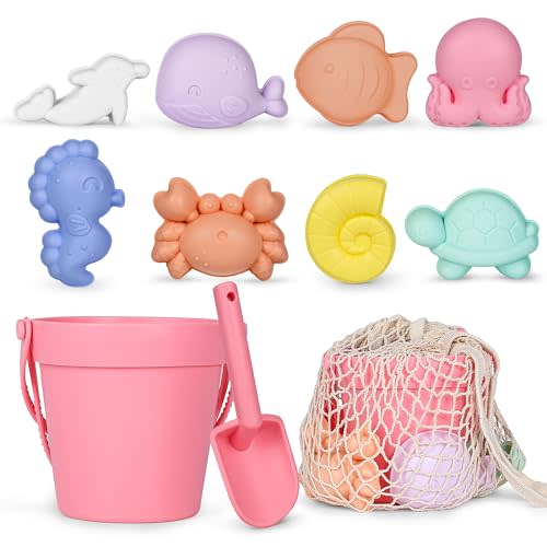 MarcZero 11Pcs Silicone Beach Toys,Modern Baby Beach Toys,Travel Friendly Beach Set,Eco Friendly Toy,Silicone Bucket, Shovel, 8 Sand Molds, Beach Bag,Silicone Sand Toys for Toddlers, Kids (Peach Pink)