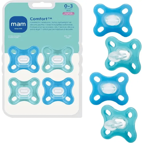 MAM Comfort Baby Pacifiers, Lightweight One-Piece Full Silicone Binky for Newborns 0-3 Months, BPA-Free Nipple, Easy to Clean Pacifier, Best for Breastfed Babies, 4 Count Binkies