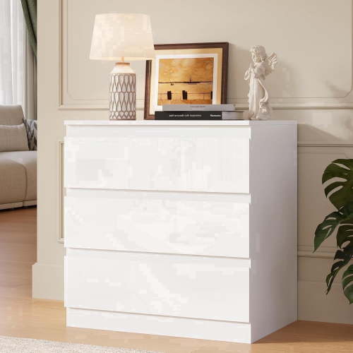White Wood Dresser for Bedroom, 3 Drawer Dresser for Clothes Storage, Modern Dressers with Wide Drawers, Wide Wooden Chest Drawers for Living Room, Entryway, TV Stand
