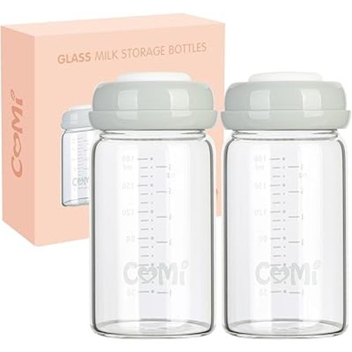 COMI Natural Glass Baby Bottle,Breastmilk Storage Bottle for Fridge,Wide Neck Breast Milk Container with Dome Cap,Fits Breast Pumps & Nipples,BPA Free,2PCS (6oz,2 Gray Lids)