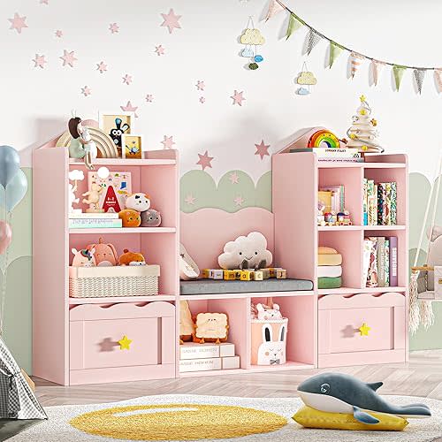 FACBOTALL Kids Bookshelf with Reading Nook, Toy Storage Organizer, Pink