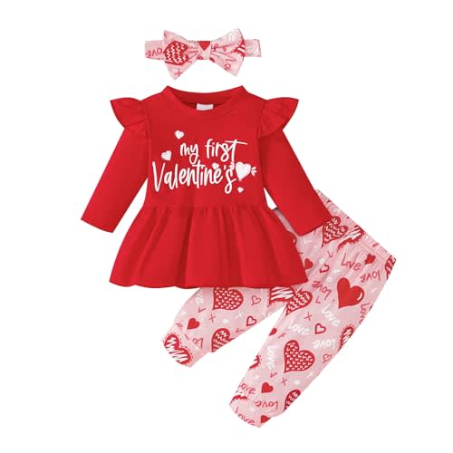 Noubeau My 1st Valentines Day Baby Girl Outfits Ruffle Heart Print Tunic Drees Shirt Stripe Pants Legging Winter Clothes