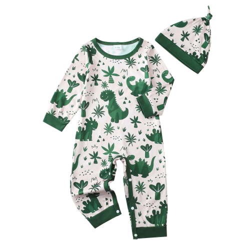 Kucnuzki Newborn Baby Boys Romper Winter Clothing Long Sleeves Dinosaur Print Jumpsuit Button Bottom One-piece Overalls with Hat 2pcs Clothes Green Preemie