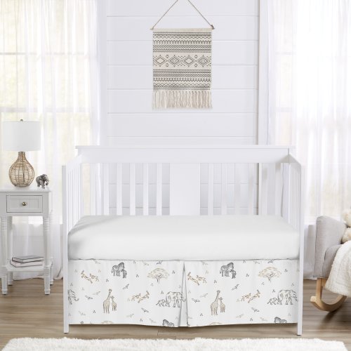 Jungle Safari Animals Crib Bed Skirt Brown Taupe Black and White Gender Neutral Elephant Giraffe Wildlife Adventure Serengeti