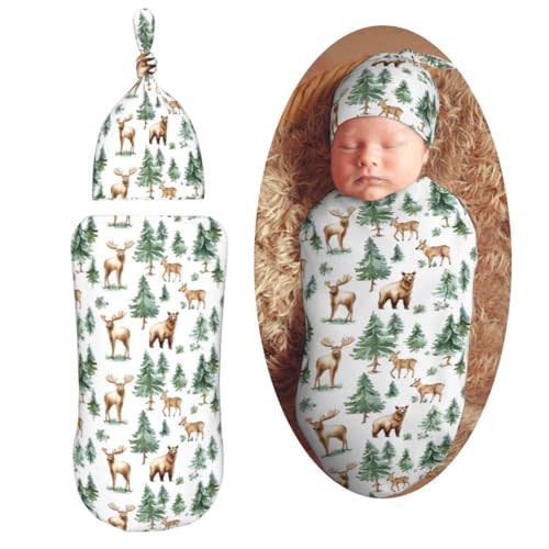 Bear Deer and Moose Newborn Swaddle Blankets Hat Sets Soft Baby Receiving Blanket Swaddle Sack for Baby Shower Infant Boy Girl Gift
