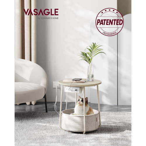 Round Side Table with Charging Station & Fabric Basket - Nightstand with 2 Outlets & 2 USB Ports, Cream White