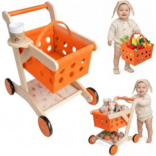 Wooden Baby Walker Shopping Cart for Toddlers, Orange Pretend Grocery Cart