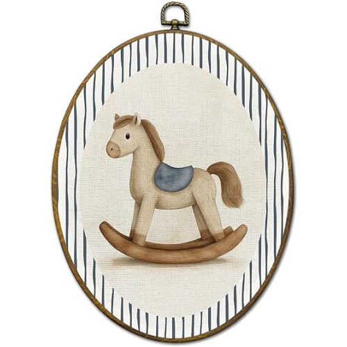 QZQE Vintage Horse Nursery Oval Wall Art Decor Framed, Kids Room Oval Canvas Prints, Classic Blue Striped Rocking Horse Wall Hanging Decor for Kids Nursery Toddler Room Bedroom Playroom, 8.6x11.4 Inch