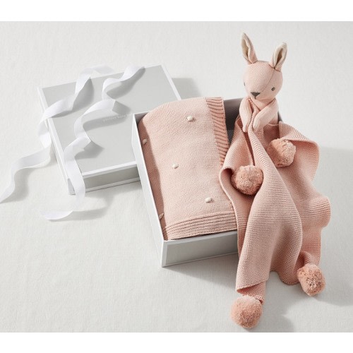 Cotton Sweater Knit Baby Blanket and Bunny Thumbie Set