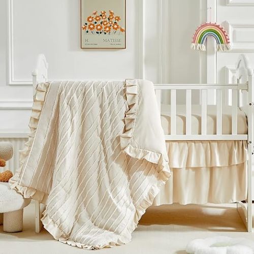 3 Pieces Tufted Stripes Crib Bedding Set with Ruffle Fringe, Pink Ruffled Comforter with Fitted Sheet and Bed Skirt , Soft and Embroidery Shabby Chic Boho Bohemian Jacquard Design for Baby Girls Boys