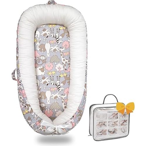 Baby Lounger-Breathable and Soft Organic 100% Cotton, Portable Infant Lounger with Removable Lounger Cover, Floor Lounger for Newborn - Sheep Monkey