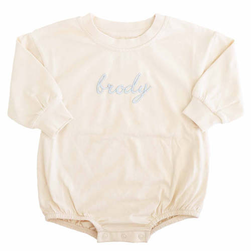 Personalized Script Name Long Sleeve Bubble Romper | Natural