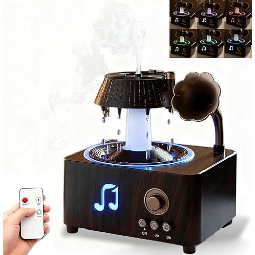 Vintage Record Diffuser with Remote, 3 in 1 Retro White Noise Night Light, Sleep Sound Machine Rain Humidifier with 7 Lights, Rotating Raindrop for Home Room Office