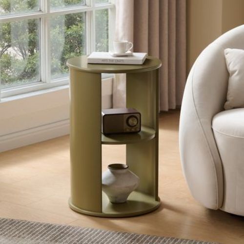 Kings Brand Furniture Evan Round Side Table with Open Storage Shelves, Contemporary Wood Accent Table for Living Room X, Lemon Pepper Finish