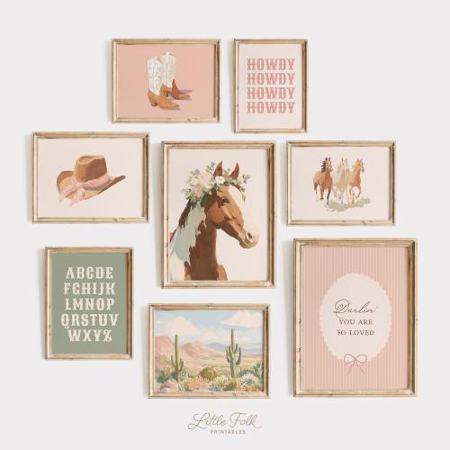 Cowgirl Nursery Prints, Vintage Cowgirl Gallery Wall Art, Western Girls Room Decor, Pink and Sage Green Nursery, DIGITAL DOWNLOAD
