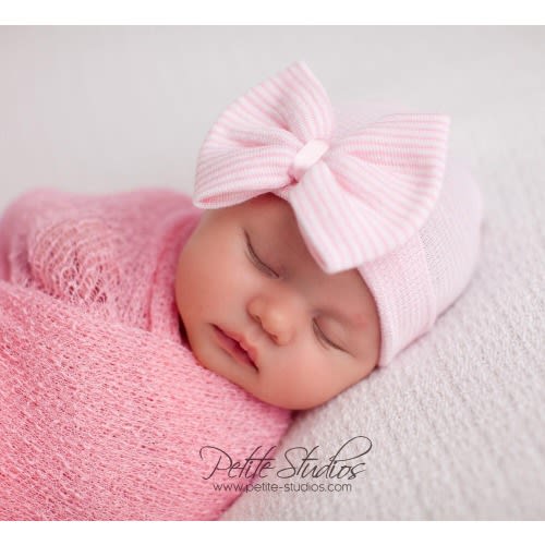 Newborn Girl Hospital Hat with Pink Bow, Handmade