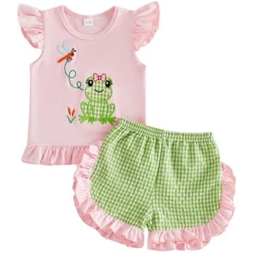 Kuriozud Toddler Baby Girl Clothes Summer Ruffle T Shirts and Shorts Set