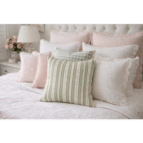 Vintage Floral Stripes Throw Pillow, Green and Pink Striped Floral Pillow Cover –  Feminine Cottagecore, Farmhouse Decorative Cushion Cover