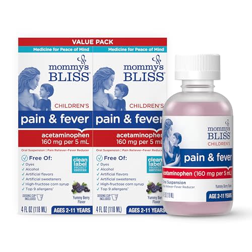 Mommy's Bliss Children's Pain and Fever Reducer, Kids Acetaminophen, Dye Free, Delicious Mixed Berry Flavor, Ages 2+, 4 Fluid Ounces (Pack of 2)