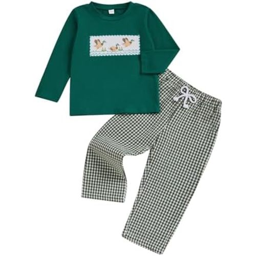 Toddler Infant Baby Boy Fall Outfit Mallard Duck Smocked Long Sleeve Shirt Tops Plaid Pants 2Pcs Hunting Clothes Set