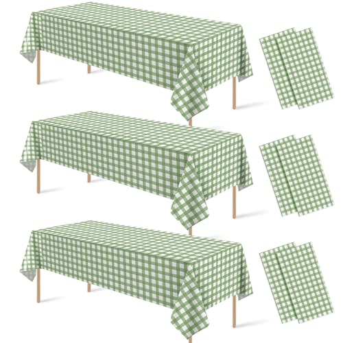 6 Pcs Sage Green Gingham Tablecloths, Checkered Table Covers 54 x 108 Inch | Green and White Checkered Tablecloths, Disposable Waterproof for Baby & Bridal Shower Picnic Camping Barbecue Birthday Party