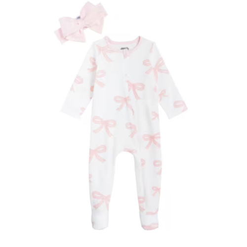 Pink Bow Baby Sleeper And Headband Set | 100% Cotton | Mud Pie
