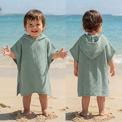 Frienda Muslin Hooded Beach Towel for 0-3 Years Kids Soft Muslin Bath Poncho for Baby Absorbent Fast Drying Blankets for Boys Girls Newborns Toddler Beach Pool Bath Essentials(Green)