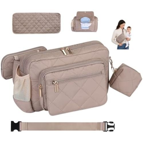 Rexmore Puffer Quilted Fanny Pack Diaper Bag for Mom - Women‘s Compact Crossbody Purse with Portable Changing Pad & Wipes Pouch, Travel & Quick Errand Baby Essentials Organizer(Khaki)