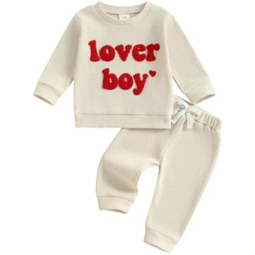 Lesimsam Toddler Baby Boy Valentines Outfit Lover Boy Embroidery Long Sleeve Waffle Knit Sweatshirt and Pants Set