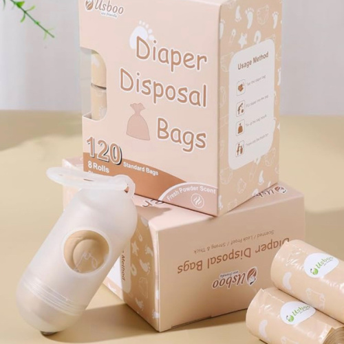 Diaper Bags Disposable for Baby, Biodegradeable Dirty Diaper Bags (8 Refill Rolls/120 Bags) with Dispenser | Leak Proof Diaper Trash Bags | Baby Poop Bags | Fresh Powder Scent