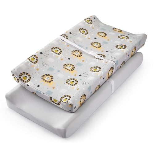 TILLYOU Changing Pad Cover Set in Soft Jersey Material - Fits 32"/34''x16 Contoured Pad for Babies, Lion's Paradise and Grey