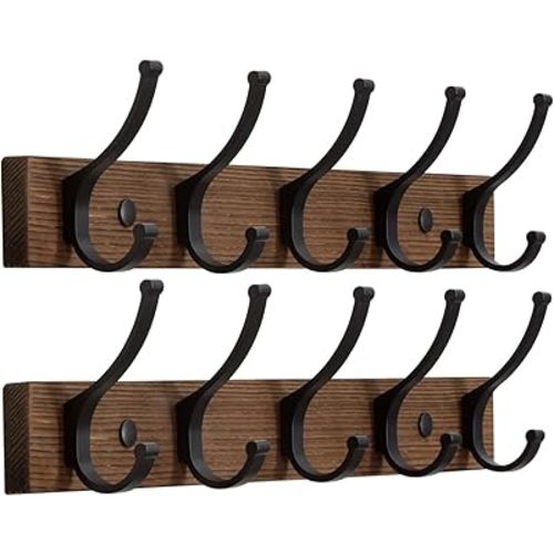 Optish Coat Rack Wall Mount, 16.5 Inches Wood Coat Hooks Wall Mount, Wall Coat Rack with 5 Hooks, Hat Rack Wall Hooks for Hanging Coat, Bag, Towel (2Pack, Brown)