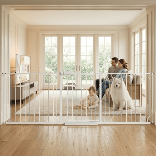 FURDEAR 76-84" Extra Wide Baby Safety Gate with Wall Protectors Walk Thru White Metal Gate