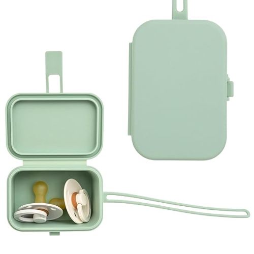 Baby's Aid Silicone Pacifier Case, No Open Slot with Patented Closure, Dishwasher Safe, Attaches to Diaper Bag or Stroller, Holds 2 Pacifiers, (Sage)