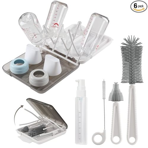 Baby Bottle Brush,6 in 1 Bottle Cleaner Set with Extendable Silicone Bottle Brush,Drying Rack,Nipple & Straw Brushes,Soap Dispenser & Organizer Case,Ideal Gifts for Babies& Moms