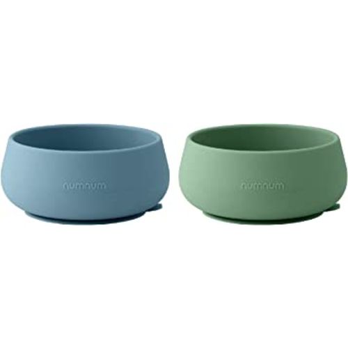 NumNum Suction Bowls | Extra Strong Suction | Non-Slip Design | Durable 100% Food Grade Silicone BPA-Free | for Babies & Toddlers 4 months+, 2 Baby Bowls (Blue/Glacier Green)