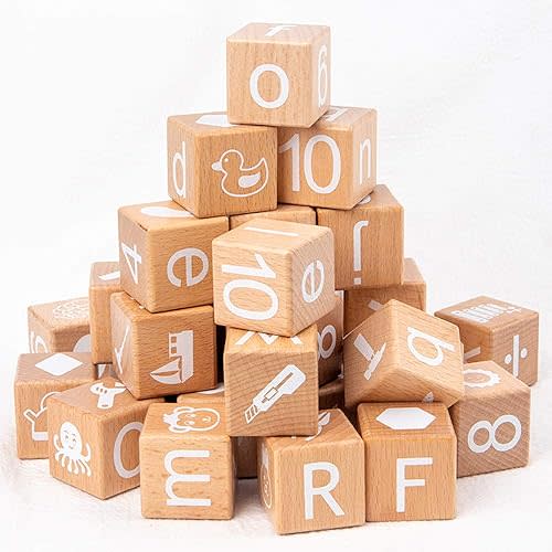 ANWoRLeT Wooden Blocks,28 ABC Building Blocks,Wooden Alphabet Baby Blocks,Counting & Building Block Set,Blocks Toys for 3+ Year Old,1.18inch,Gifts