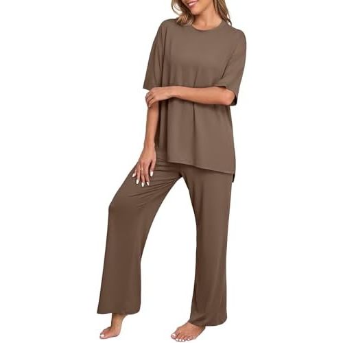 PrinStory Womens Pajamas Sets 2 Piece Lounge Set Short Sleeve Tops and Long Pants Soft Pjs Loungewear with Pockets