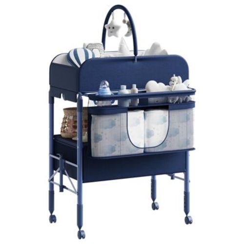 Portable Collapsible Baby Changing Table, Diaper Station with Drawers & Wheels, Adjustable Height Mobile Nursery Organizer